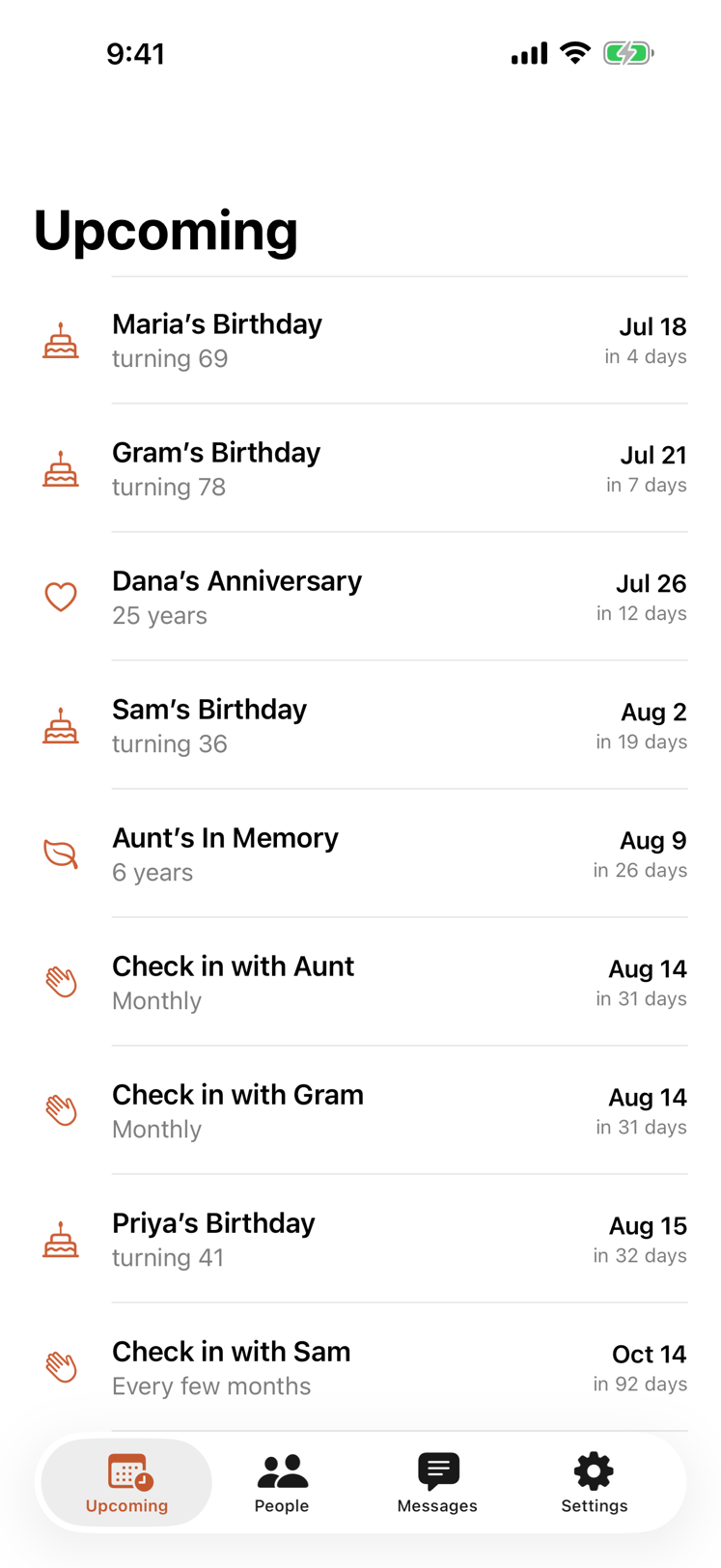 Tidings Upcoming screen showing birthdays and anniversaries sorted by date