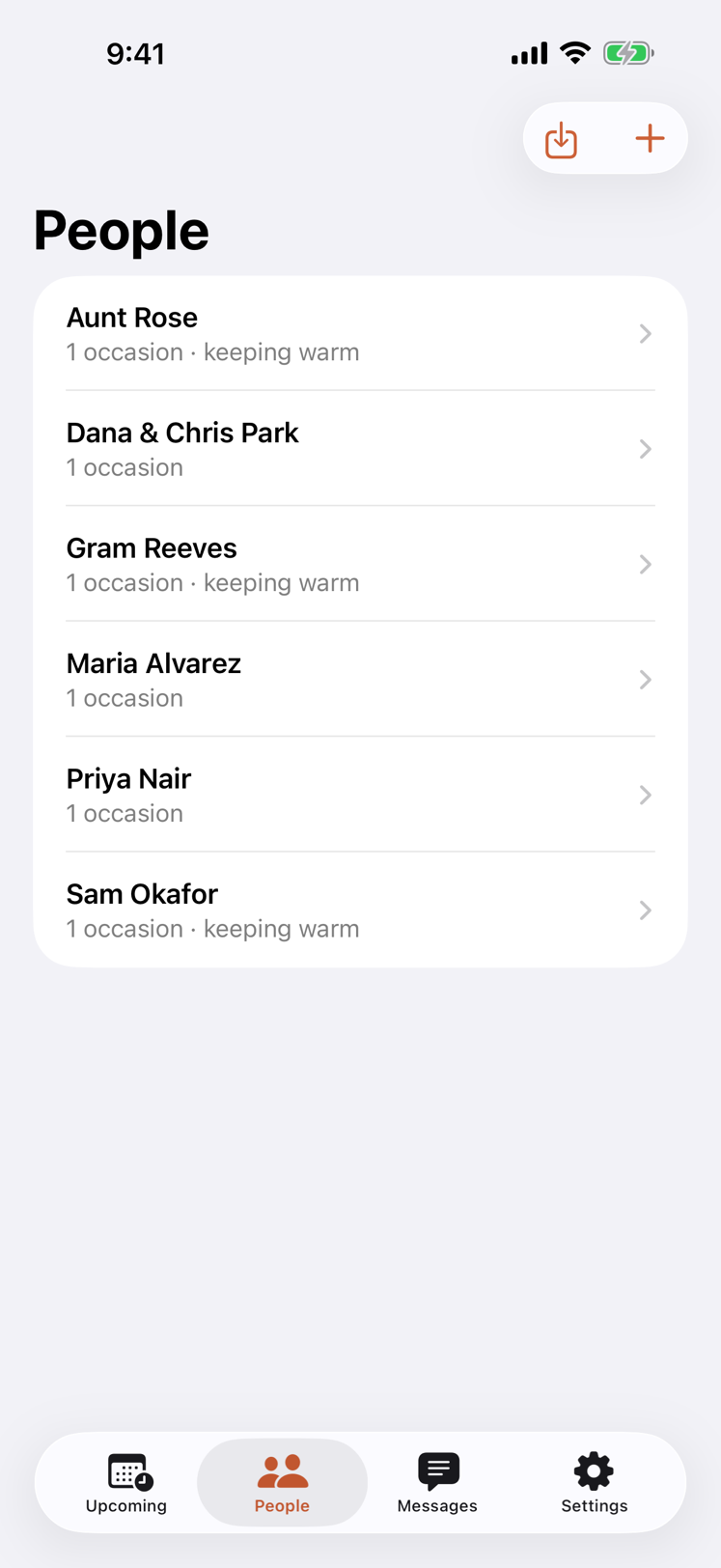 Tidings People screen listing family and friends