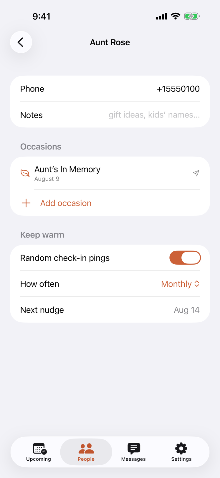 Tidings contact detail screen with keep-warm check-in reminders