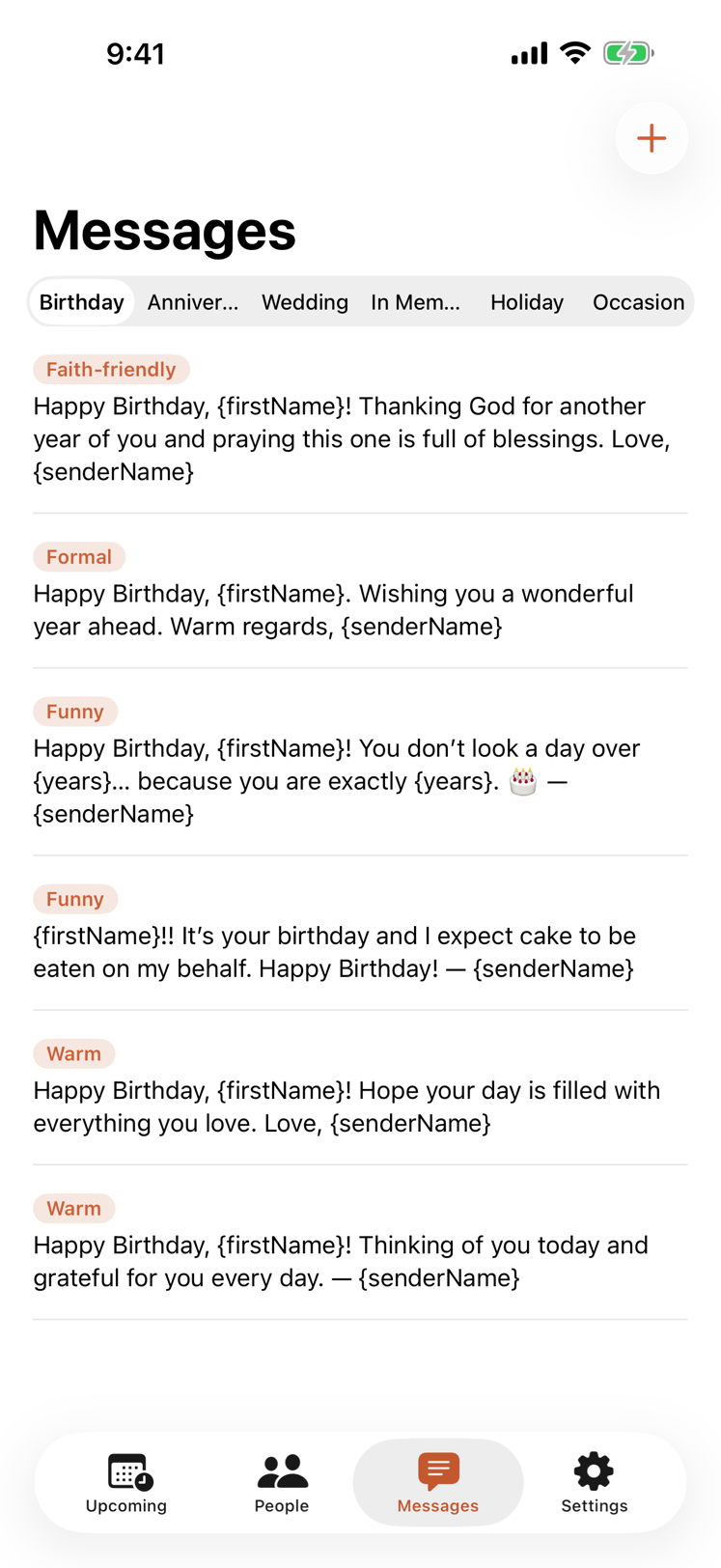 Tidings Messages screen with birthday message templates