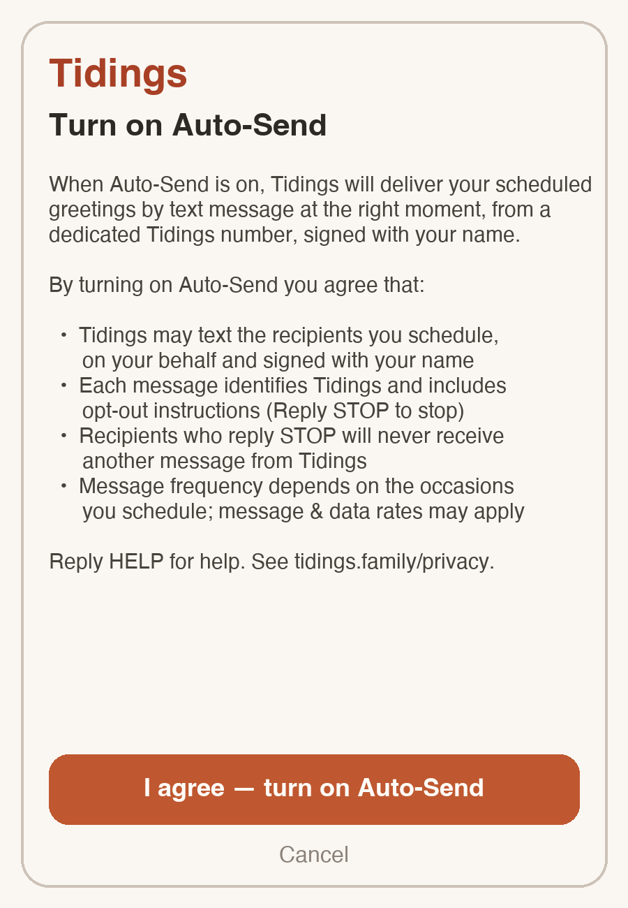 The Tidings Auto-Send consent screen
